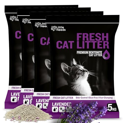Image of Premium Bentonite Cat Litter Sand - 20kg | (5kg x 4 Packs) with Lavender Fragrance | Low-Dust, Strong Odour Control, Instant Clumping Litter for Cats & Kittens