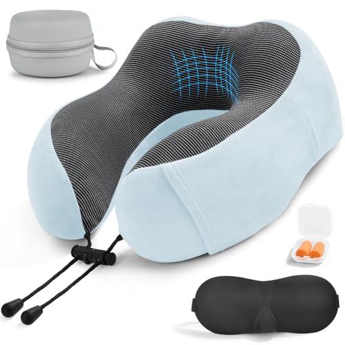 RUACDIQ Oreiller de Voyage pour Avion, Coussin de Nuque pour Voyage, Oreiller de Voyage en Mousse à Mémoire de Forme pour Adultes avec Masque pour Dormir+ Bouchons d’Oreilles + Sac Transport(Bleu)
