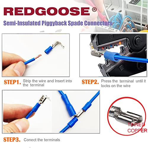 Redgoose 100Pcs Semi-Insulated Piggyback Spade Connectors 1/4" 22-10 Awg Female/Male Quick Disconnect Piggyback Spade Crimp Terminals Assortment Kit #TOP2
