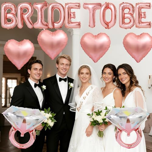 Image of Rose Gold Bachelorette Party Decorations, Rose Gold Bride to Be Banner Heart Balloon with Diamond Ring Foil Balloon, Bride to Be Sash&Veil for Bachelorette Engagement Gift Bridal Shower Party Supplies