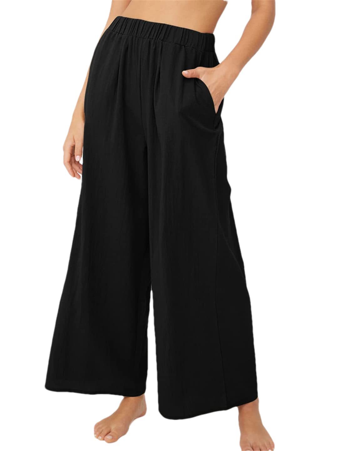 ERFMFKL Casual Wide Leg Trousers Cotton Hemp Womens Solid Color High Waist Loose Pleated Pants