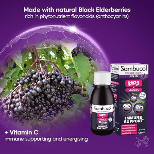 Sambucol Kids Black Elderberry with Vitamin C Liquid 120ml - Great-Tasting Black Elderberry Syrup with Vitamin C to Support Children's Normal Immune Function, Suitable from Age 3+