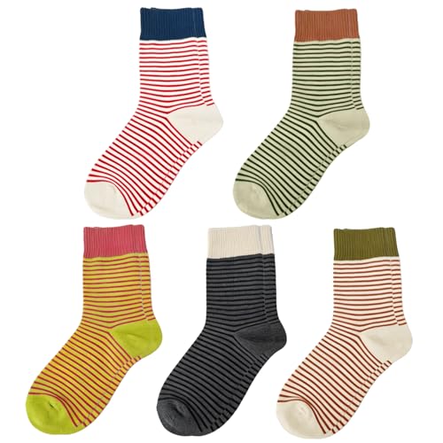 Dcozrr Womens Striped Socks Elastic Colorful Striped Crew Socks Athletics Casual Fun Cotton Tube Socks - 5 Pairs