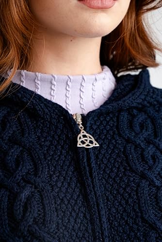 Image of SAOL 100% Merino Wool Aran Irish Cardigan for Women with Pockets, Hood and Celtic Zipper