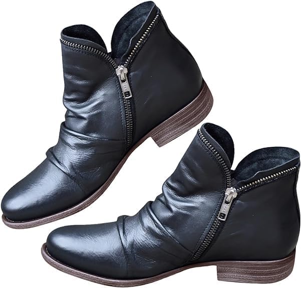 Womens Vintage Casual Leather Ankle Boots 2025 Flat No Heel Slip On Booties with Arch Support Side Zipper