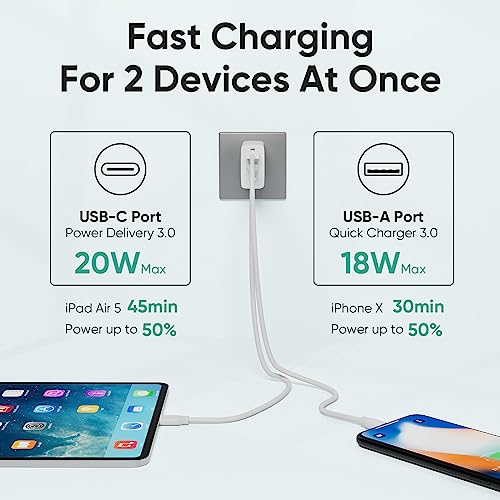 RVP+ USB C Wall Charger Block 38W, Portable 2-Port with USB C/A, PD 3.0-20W, QC 3.0-18W, Fast Charging Plug Adapter for iPhone 11/12/13/14/Pro Max, iPad Pro, AirPods Pro, Galaxy, Nintendo Switch