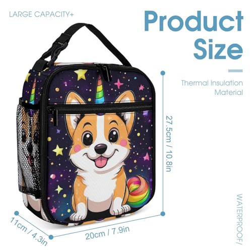 Backpack Book Bags with Lunch Box Storage Bag Backpack Set Daypack with Lunch Bag and Cosmetic Bags (Space Galaxy Rainbow Unicorns Corgi Dog Black)4