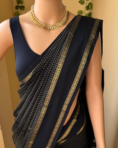 Image of South Cotton Gadwal Saree for Women | Celebrity Inspired Traditional Ethnic Wear | Chettinad & Kalyani Cotton Sarees | Soft Cotton Saree with Blouse Piece | Black