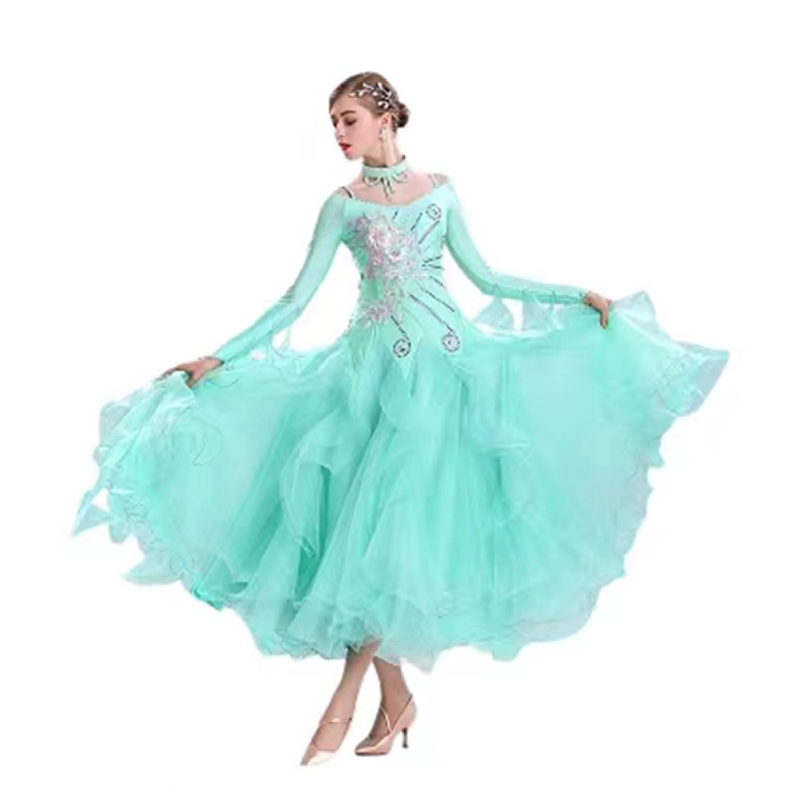 CHAGME Ballroom Dance Dresses Dancing Modern Smooth Waltz Tango Party Latin Swing Dress Long Sleeve for Women,Bean Green,L