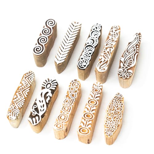Image of Hashcart Wooden Indian Traditional Design Printing Stamps / Blocks for Printing Saree Border / Dresses / Craft Card Making / Scrapbook / Clay Pottery (Set of 10)