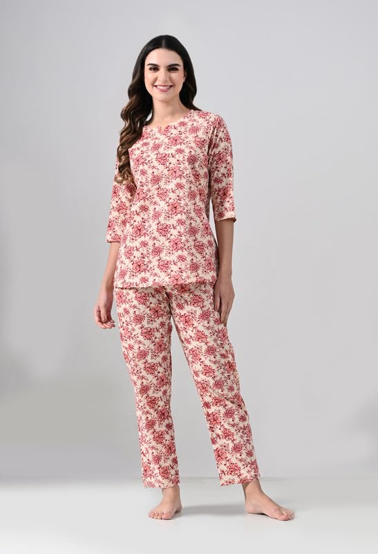 Image of Ichaa Women's Cotton Printed Night Suit - Top & Bottom Set