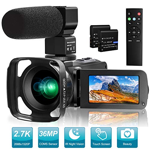 Video Camera 2.7K Camcorder Night Vision with External Microphone Touch Screen Video Recorder