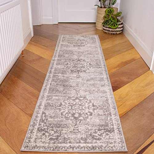 Modern Grey Distressed Traditional Floral Hallway Runner Rug Oriental Medallion Carpet Lounge Living Room Bedroom Long Area Rugs 60cm x 240cm
