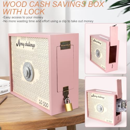 Mczxon 10000 Savings Challenge Box with Lock, Large Wooden 10k Money Saving Box Saver $10,000 Reusable Coin Money Challenge Cash Vault Save Boxes Tracker Piggy Bank for Adults Kids, Pink by Mczxon - Image 3
