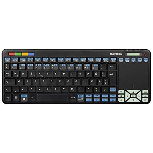 Thomson Funk-Tastatur für Sony Smart-TV mit 4in1 Universal-Fernbedienung (für TV/STB/Audio/PC, inkl. Touchpad-Maus, QWERTZ, beleuchtet, Multimedia-Tasten, lernfähig, Wireless, 2,4GHz) schwarz