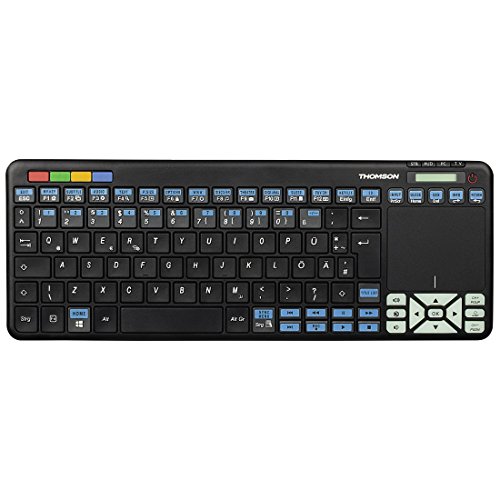 Thomson Funk-Tastatur für Sony Smart-TV mit 4in1 Universal-Fernbedienung (für TV/STB/Audio/PC, inkl. Touchpad-Maus, QWERTZ, beleuchtet, Multimedia-Tasten, lernfähig, wireless, 2,4GHz) schwarz