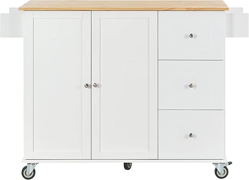 Miniatura 6 de Isla de cocina móvil rodante con parte superior de madera maciza y ruedas de bloqueo, 52.7 pulgadas de ancho, armario de almacenamiento y barra de
