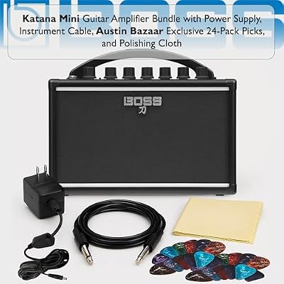 Boss Katana Mini Guitar Combo Amplifier Bundle with Gearlux Power Supply, Instrument Cable, Austin Bazaar Exclusive 24-Pack Picks, and Polishing Cloth
