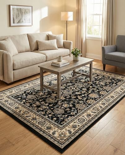 Rugs.com - Yasmin Collection Rug – 5' 3 x 8' Black Traditional Rug – Easy-Clean Carpet for Living Rooms, Dining Rooms, and Entryways