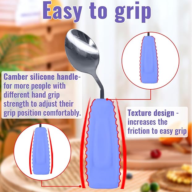 Image of Adaptive Utensils Angled Spoon and Fork for Hand Tremors Parkinsons,Weighted Utensils with Non-Slip Easy Grip Handles for Independent Eating (1pcs Spoon+1pcs Fork=2 pcs,Purple,Right Hand)