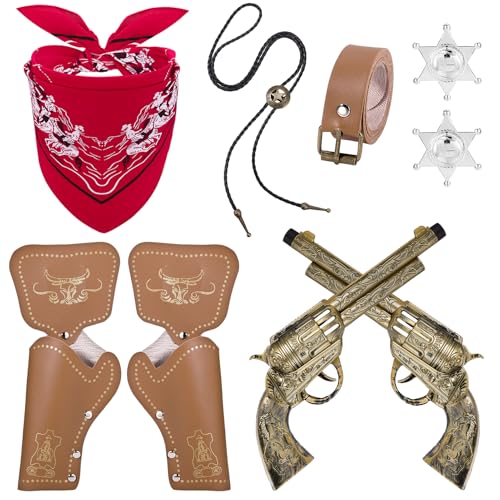 GSrenyu 7 Pcs Cowboy Outfit Cowboy Accessories for Men Women Kids with Neckerchief Necklace Sheriff Badge Belts Toy Guns & Holsters for Men Kids Cowgirl Fancy Dress up Cosplay Hippie Disco Part