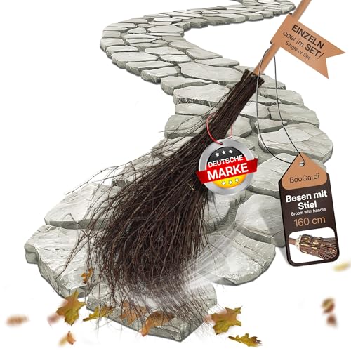 BooGardi Hexenbesen Kinder · 2X Reisigbesen mit Stiel 160cm lang · Kehrbesen aus Birkenzweigen · Deko Besen für Halloween Hexe & Karneval · Birkenbesen Gartenbesen