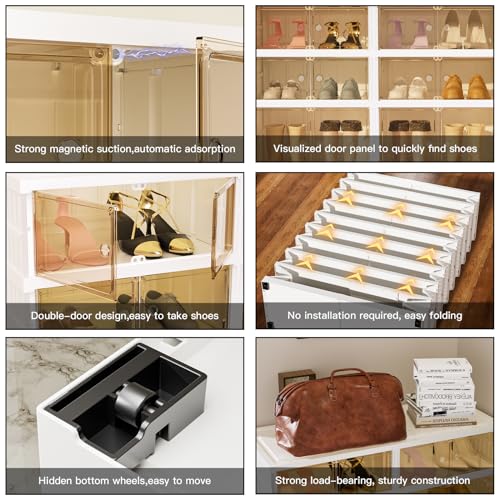 Image of 9-Tier Portable Shoe Rack Organizer for Closet, 36 Pairs Shoe Container Bins, Clear Plastic Collapsible Shoes Storage Box, Stackable Sneaker Storage Shoe Cabinet with Door