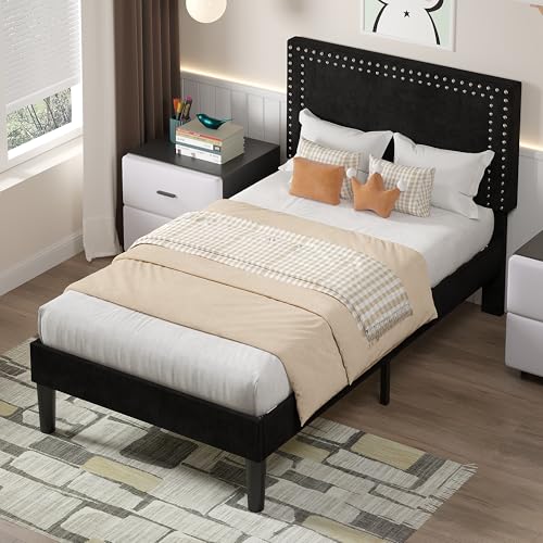 Image of VECELO Twin Size Platform Bed Frame with Height Adjustable Upholstered Headboard, Modern Mattress Foundation,Strong Wood Slat Support, No Box Spring Needed, Easy Assembly,Black
