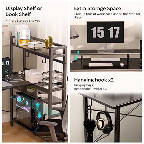 Comhoma Gaming L Shaped Computer Desk, 55" Inch Home Office Desk With Shelves, L Shape Computer Corner Desk With Charging Port, Gaming Table Power Outlet Build In, Led Writing Desk With Monitor Stand #TOP2