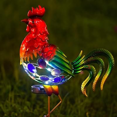 GDF 20" Chicken Decor - Outdoor Rooster Decor Solar Lights -Metal Rooster Garden Decorations for Yard Pathway Lawn Patio Courtyard for Her/Him (Updated)