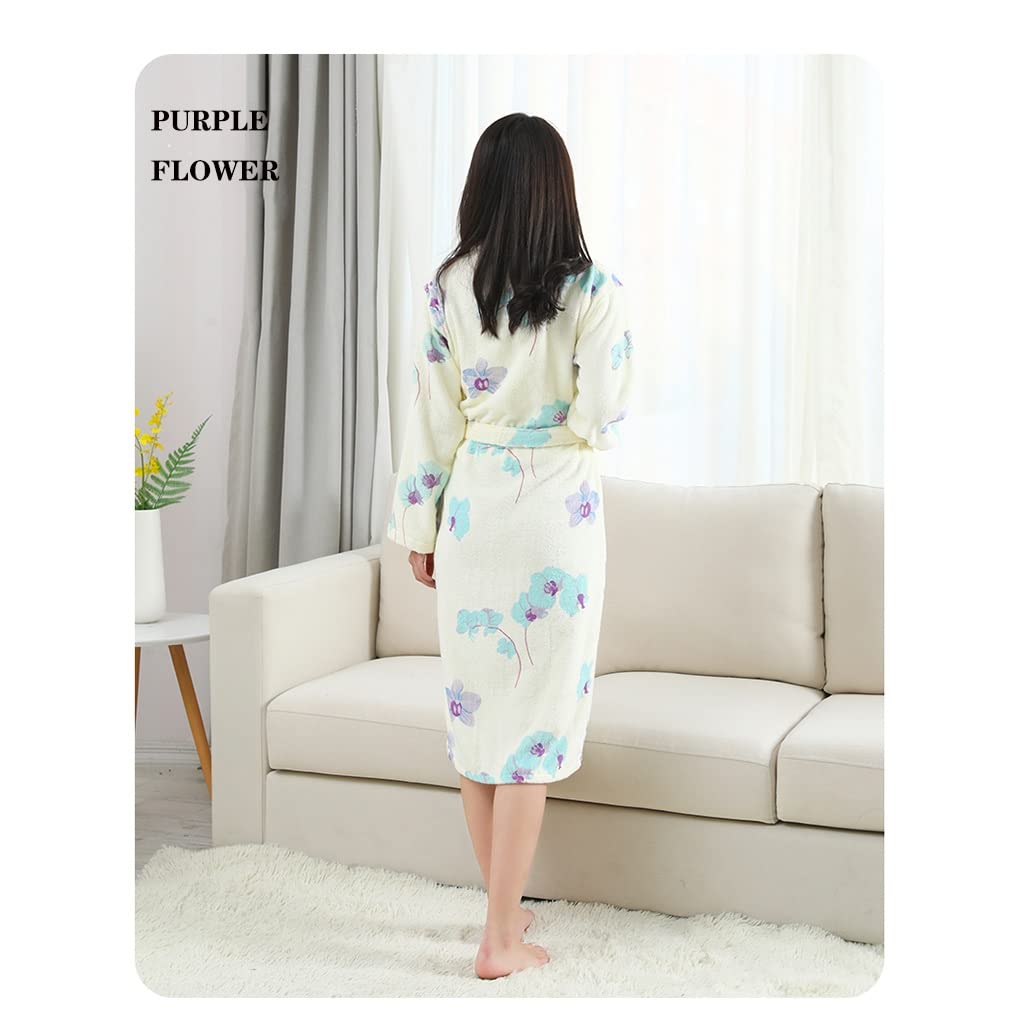 Albornoz para Mujer, Toalla De Rizo, Túnicas Sexy, Manga Larga Difusa, Algodón Ligero, Hotel Yukata, Pijama De Baño, SPA, Suave, Cómodo, Estampado Pansy (Color : Purple Flower, Size : XL-120cm)