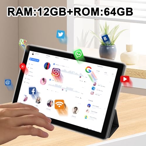 Image of NOVOJOY Tablet 10 Inch Android Tablets with Case and Stylus Android 15 Tablet with Cover 2MP+8MP Dual Camera 6000mAh Battery 12GB RAM(4GB+8GB Expansion) 64GB ROM 5Gwifi-6 10.1 inch Tablets (Black)