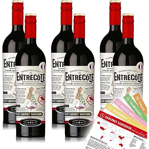 6 Flaschen Rotwein Entrecôte Merlot Cabernet Syrah, trocken, sortenreines Weinpaket + VINOX Weinkarten Cover