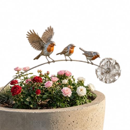 Rotkehlchen Gartenstecker Metall Gartendeko mit Pusteblumen-Akzent Rostikale Vogel Gartenfigur für Blumenbeet Terrasse Grabstätte und Gedenkplatz Liebevolles Andenken für Verstorbene