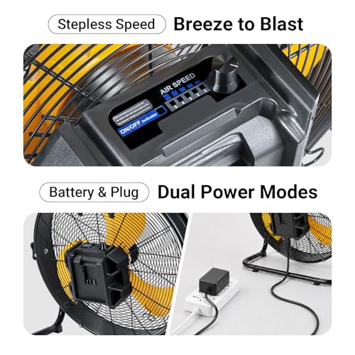 Image of 18 inch Brushless Cordless Floor Fan Compatible with Dewalt 20V Max Battery(Tool Only), 2500 CFM Quiet Industrial Fan with AC Adapter, 5 Speeds 360Tilt Portable Metal Shop Fan for Garage Jobsite Camping