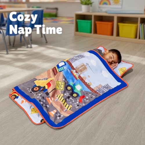 Image of EVERYDAY KIDS Toddler Nap Mat with Removable Pillow -Under Construction- Carry Handle with Fastening Straps Closure, Rollup Design, Soft Microfiber for Preschool, Daycare, Sleeping Bag -Ages 2-6 years