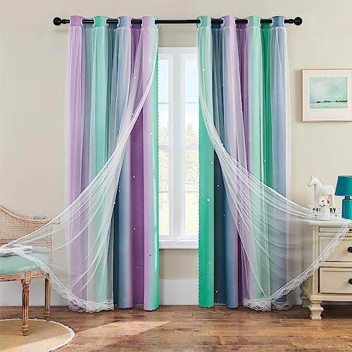 Image of XiDi Grey Kids Curtains for Bedroom, Nursery Bedroom Blackout Curtain, Childs Room Decor Purple Green Curtains, Girls Curtains 72 inchs Long 52 inches Wide 1 Panel