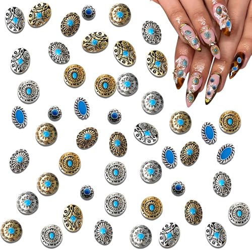 50Pcs Turquoise Nail Decoration Sheets 3D Metallic Gems Decor for Gel Acrylic Vintage Cowboy Nail Charms Supplies Western Ethnic Style Decoration Accessories for DIY