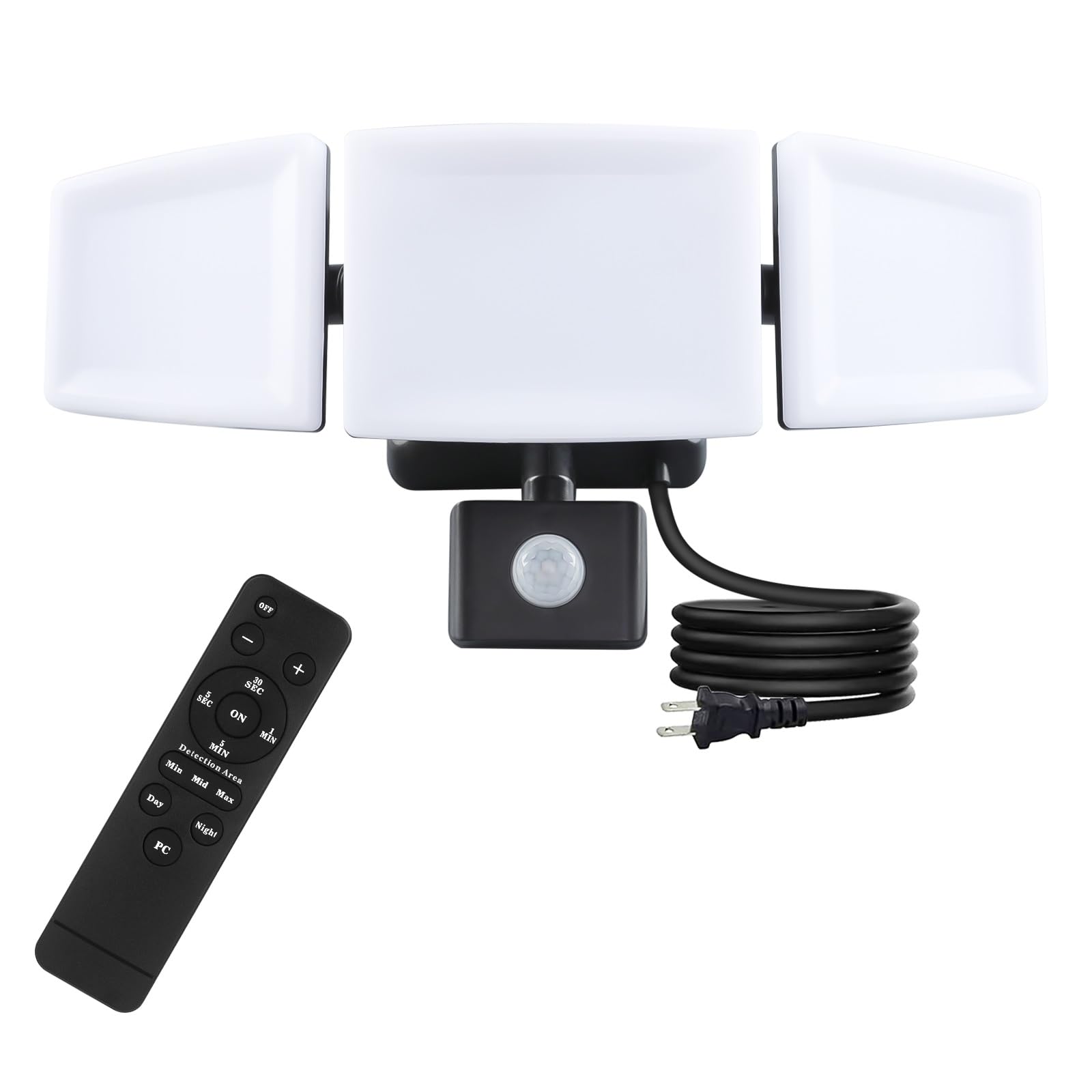Ganiude 35W Plug in Flood Light Outdoor, Motion Sensor Plug in LED Security Light with Remote Control, Dusk to Dawn, 3 Heads, 3500LM, 5000K, IP65 Waterproof Exterior Lamp for Porch, Garage, Yard