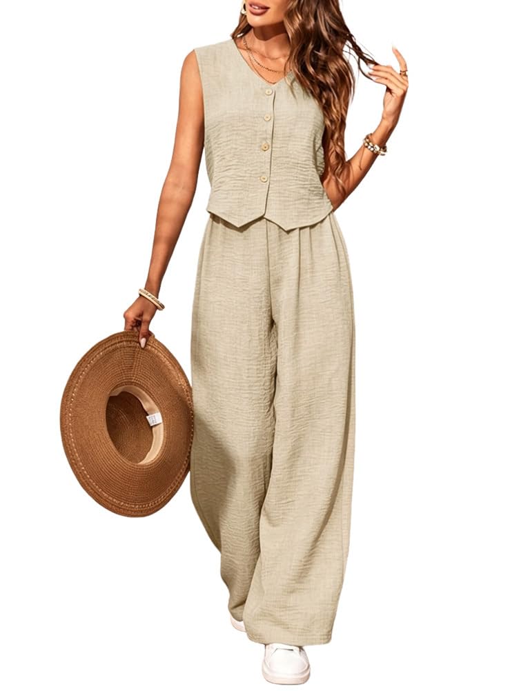 Ensemble Tailleurs Femme 2 Piece Gilet Top sans Manches Col V + Pantalon Taille Haute Jambe Droite Large Ensembles de Plage Casual Ete
