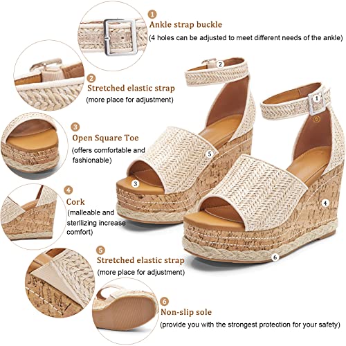 Women's Wedge Platform Espadrille Sandals Braided Open Square Toe Ankle Buckle Strappy Cork Sole Summer Shoes4
