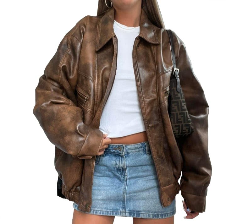 Women’s Vintage 90S Genuine Leather Oversize Retro style Bomber Jacket