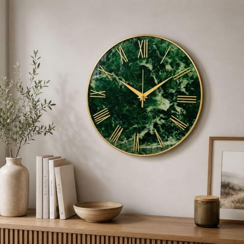 Image of Green Marble Pattern Rasin Wall Clock with Gold Roman Numerals