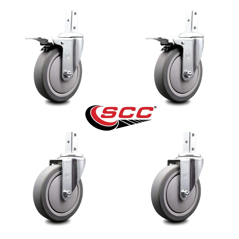 Swivel Square Stem Caster Set 4 w/5” x 1.25” Gray Thermoplastic Rubber Wheel - 7/8” x 2” Square Stem with (3) 17/64” Diameter Mounting Holes - Includes 2 Total Lock Brakes - Service Caster Brand