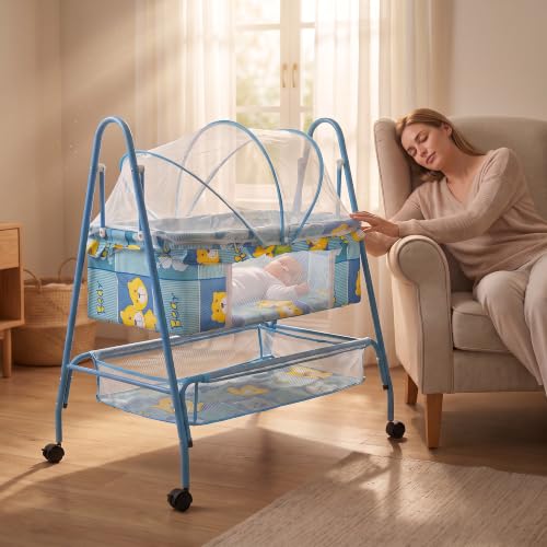 Image of BAYBEE Clora Baby Cradle and Swing with Mosquito Net | Jhula Palna for Newborns | 360 Rotating Lockable Wheels & Storage Basket | Blue