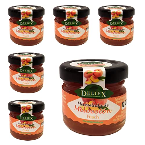 Deliex delicias de Extremadura. 30 Mermeladas pequeñas sabor melocotón. Miniaturas de mermeladas en cristal 30 gr, detalles a invitados en bodas, comuniones, bautizos (Melocotón, 30 Tarros)