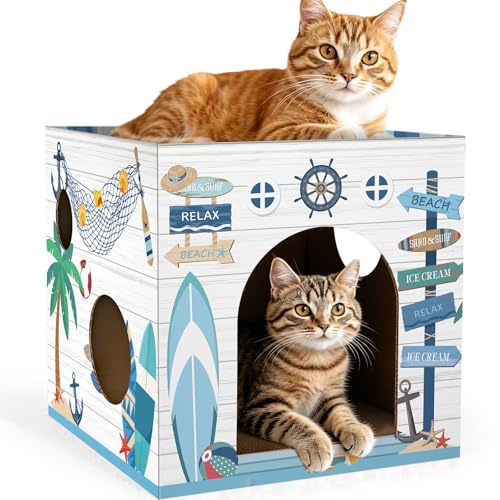Cinrobiye Cardboard Cat House with 2 Pcs Scratching PadPet Hideaway Cave Board Bed Playhouse Condo Box Decor Small Animals Scratcher Bed for Indoor Cats Kittens Rabbits Bunny