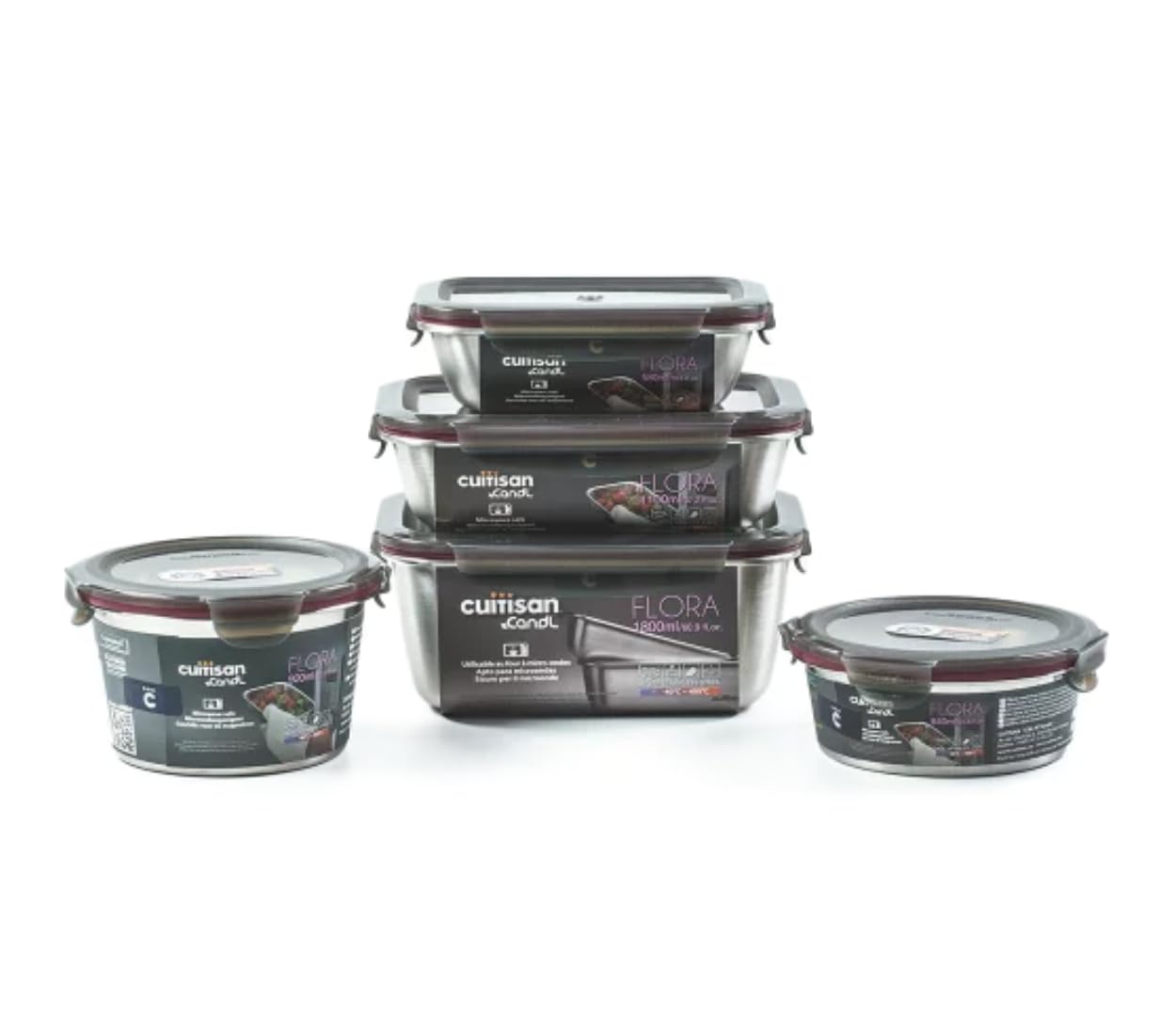 WK WARMCOOK Cuitisan - 5 stuks voedselcontainers van roestvrij staal, magnetronbestendig, 580, 640, 920, 1100 en 1800 ml WK WARMCOOK Cuitisan - 5 stuks voedselcontainers van roestvrij staal, magnetronbestendig, 580, 640, 920, 1100 en 1800 ml
