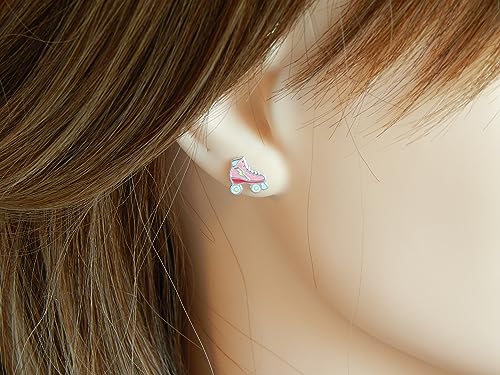 925 Sterling Silver Pink Enamel Roller Skate Stud Earrings (Nickel Free) 335712