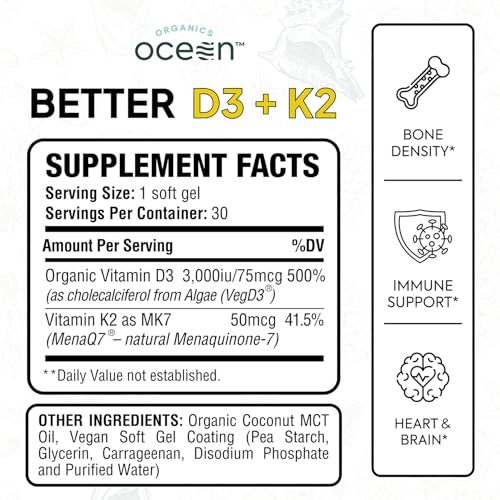 Image of Organics Ocean Better D3 + K2-100% Organic VIT D3 and K2 Supplements with Maximum Bioavailability - Supports Bone Density, Calcium Balance, Immunity & Mood - 3-Pack, 90-Day Supply